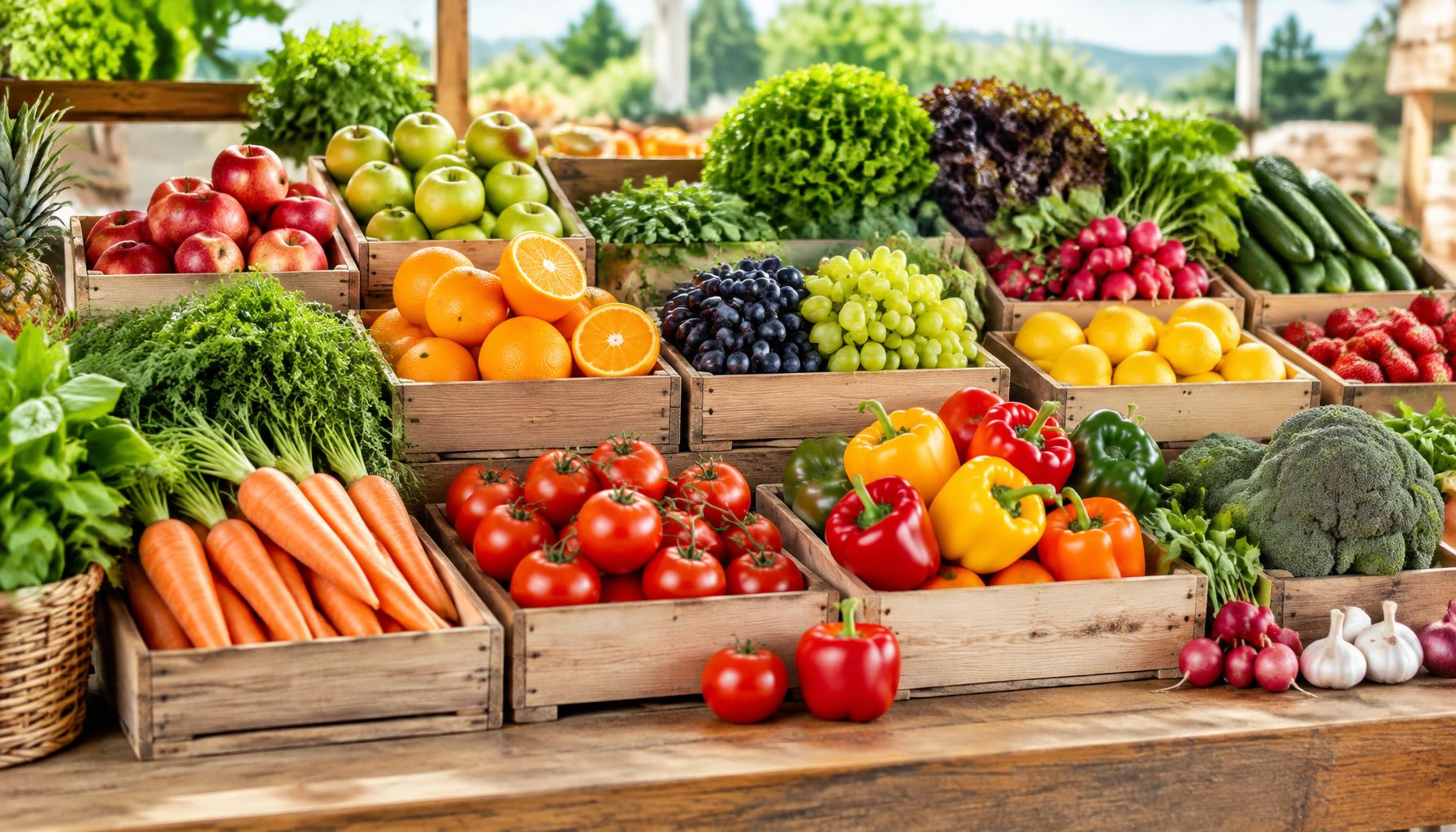 Produse proaspete aranjate în lădițe de lemn